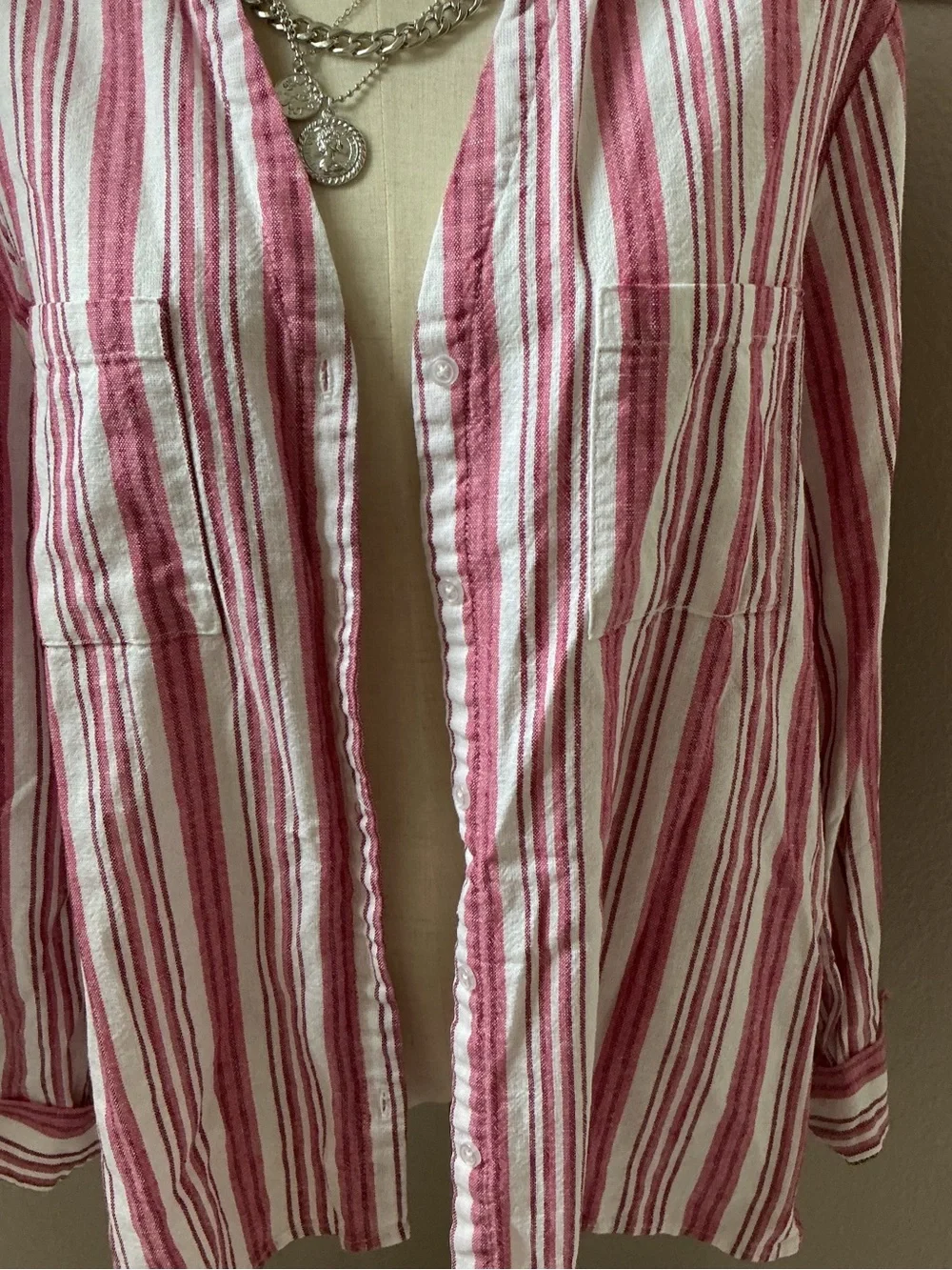 Nine West Pink and White Linen blend Striped Button-Down V-Neck Shirt - Picture 4 of 7